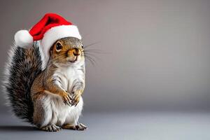 Cheerful squirrel in a Santa hat isolated on a plain background background with free space photo