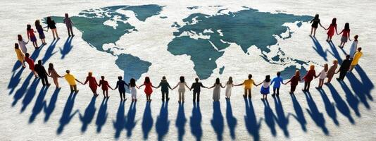 Human connection, highlighting an NGO mission, blending symbolism of hands with the globe, promoting collaboration, transformative power of collective efforts on global scale. photo