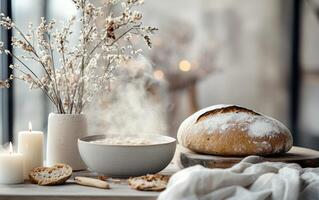 A rustic table features fresh, crusty bread alongside a steaming bowl of soup. Soft candlelight flickers, enhancing the cozy ambiance created by dried flowers photo