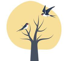Two birds perched in a tree against a soft yellow background during a calm afternoon vector