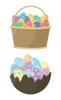 Set of Easter eggs icons in a wicker basket and in a chocolate shell. Happy Easter. vector