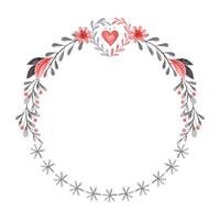 Round wreath with heart and branches in folk style. Stylized illustration in red and gray colors for wedding invitation creating. Hand drawn composition is perfect for romantic and love designs. vector