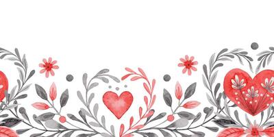Bottom seamless border with heart in folk style. Stylized illustration in red and gray color for wedding invitation creating. Hand drawn composition is perfect for romantic and love card design. vector