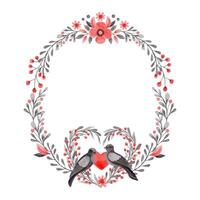 Oval wreath with couple of dove in folk style. Stylized illustration in red and gray colors for wedding invitation creating. Hand drawn composition is perfect for romantic and love card design. vector