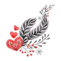 Feather and heart composition in folk style. Stylized illustration in red and gray colors for wedding invitation creating. Hand drawn arrangement is perfect for romantic and love design. vector