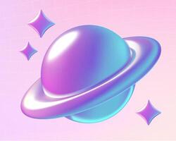 3d holographic planet with a ring and stars emoji in y2k futuristic style on gradient background vector