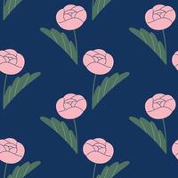 Peony seamless pattern. Flower of Pink peony on dark blue background. Doodle style. Hand drawn texture. Fabric design. Flat design vector