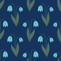 Snowdrops seamless pattern. Flower of Snowdrops on dark blue background. Doodle style. Hand drawn texture. Fabric design. Flat design vector