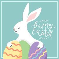 Easter greeting card with a cute Easter Bunny holding painted eggs. Happy Easter Day. Hand drawn vector
