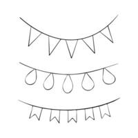 illustration of paper or fabric garland with triangular flags, banner. Hand drawn Outline set of Nursery decor. Engraving design for Welcome kids card, invitation, baby shower, tags, printing. vector