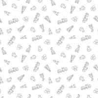 Seamless pattern of baby toys. Outline Wooden car, cubes, train, rocket, giraffe on wheels and pyramid in Scandinavian style, Cute repeated background. Hand drawn ink illustration for fabric vector