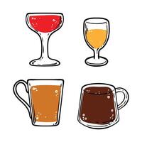 Doodle of glasses with drinks. Simple outline of alcoholic or soft drinks. illustration for online and print design projects. Icons for cafe menu designs. vector
