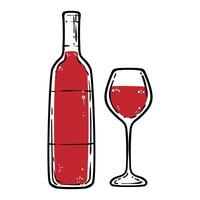 Doodle of red wine bottle and glass. Simple outline of alcoholic drink made out of fermented grapes. illustration for online and print design projects. vector