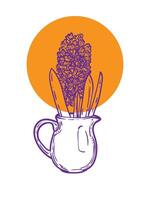 Hand drawn hyacinth with leaves in a jar. Line art spring flower illustration. Doodle of a flower in an orange poster design. Ready to be used in print and online projects. vector