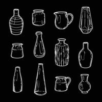 Hand drawn jars and vases for flowers on black background. White line art vases illustration. Doodle of flower recipients. Ready to be used in print and online projects. vector