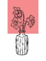 Hand drawn narcissus with leaves, stem in a vase. Line art spring flower bouquet illustration. Doodle of a flower in a red poster design. Ready to be used in print and online projects. vector