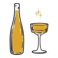 Doodle of champagne bottle and glass. Simple outline of alcoholic drink made out of fermented grapes. illustration for online and print design projects. vector