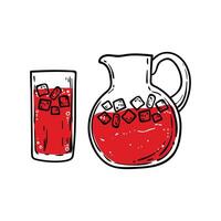 Doodle of red lemonade in a carafe and glass. Simple outline of a soft drink made out of fresh fruits. illustration for online and print design projects. vector
