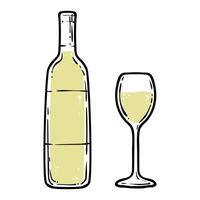 Doodle of white wine bottle and glass. Simple outline of alcoholic drink made out of fermented grapes. Stylized illustration for online and print design projects. vector