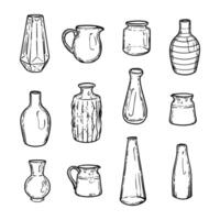 Hand drawn jars and vases for flowers on white background. Black line art vases illustration. Doodle of flower recipients. Ready to be used in print and online projects. vector