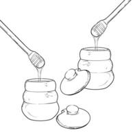 Line art honey jar with pouring honey from dipper. honey dripping from a dipper. Hand drawn illustration of sweet dessert. Outline only, isolated on white background. vector