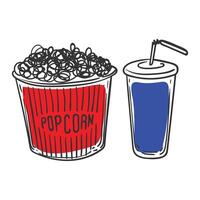 Doodle of popcorn bucket and plastic soda cup with a straw. Simple outline of movie snacks made out of corn. illustration for online and print design projects. vector