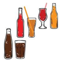 Doodle of soda bottles and glasses. Simple outline of soft fizzy drinks. illustration for online and print design projects. vector