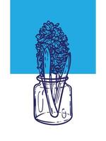 Hand drawn hyacinth with leaves in a jar. Line art spring flower illustration. Doodle of a flower in a blue poster design. Ready to be used in print and online projects. vector