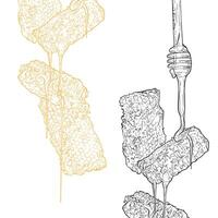Line art honey comb pieces with a dipper dripping honey. Outline illustration of sweet natural healthy food. Hand drawn graphic asset ready for online and print projects. vector
