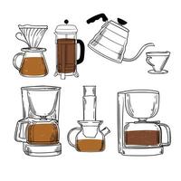 Doodle of coffee drinks in cups and pots. Simple outline of energizing drinks made out of coffee beans. Different types of coffee makers such as french press, aeropress, drip coffee. vector