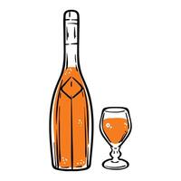 Doodle of cognac in a bottle and glass. Simple outline of alcoholic drink. illustration for online and print design projects. vector