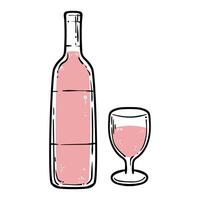 Doodle of rose wine bottle and glass. Simple outline of alcoholic drink made out of fermented grapes. illustration for online and print design projects. vector