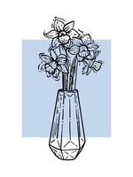Hand drawn narcissus with leaves, stem in a vase. Line art spring flower bouquet illustration. Doodle of a flower in a blue poster design. Ready to be used in print and online projects. vector