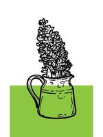 Hand drawn hyacinth with leaves in a jar. Line art spring flower illustration. Doodle of a flower in a green poster design. Ready to be used in print and online projects. vector