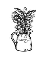 Hand drawn lily of the valley bouquet in a vase. Black line art of beautiful winter flowers isolated on a white background. Illustration for online and print projects. vector