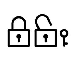 Bold black outline icons of a locked and unlocked padlock with a key, perfect for security, access, or website design. Clean, minimalist style suitable for app interfaces and presentations. vector