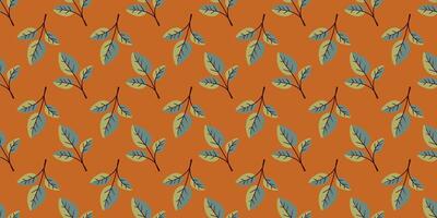 Elegant teal and gold leaf pattern on burnt orange background. Perfect for textile design, wallpaper, or fallthemed projects. Repeatable design evokes a sense of nature and tranquility. vector