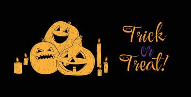 Hand drawn Jack-o-Lanterns with candles near a Trick or Treat text for Halloween design projects. Black outline and orange fill, this asset is easy to edit, ready to be used. vector