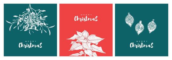 Three square visuals designed for Christmas social media post. Minimalist design with beautiful hand written text and line art outline mistletoe, poinsettia flower and Christmas balls. vector