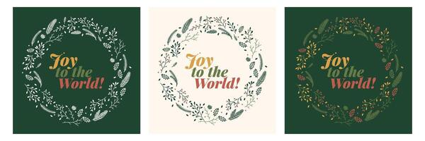 square visuals with minimalist branches and leaves and Joy to the World text. vector