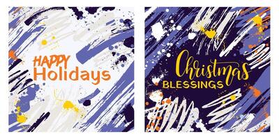 Happy Holidays, Christmas blessings square joyful visuals. Background with brush and marker raw textures, scribbles and splatters. vector