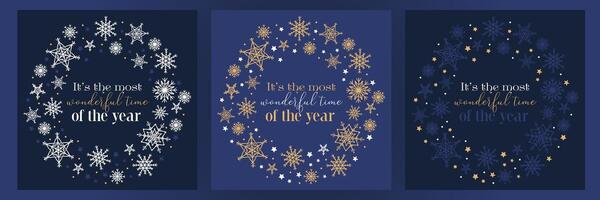 It's the most wonderful time of the year square visuals with stars and snowflakes in a circle resembling to a Christmas crown decoration. vector