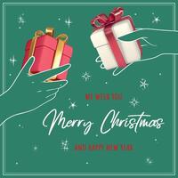 Hand drawn line art hands holding 3D gift boxes. Square visual with a green background and a beautiful and elegant mix of text wishing Merry Christmas among sparkles. vector