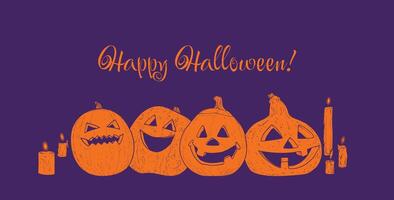 Happy Halloween banner with hand drawn pumpkins and candles in outline and fill on a purple background. Funny text for Happy Halloween projects with Jack-o-Lanterns and candles. vector