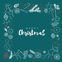 Square visual designed for Christmas social media post. Design with beautiful hand written text and line art outline Christmas elements like mistletoe, cinnamon, candle, apples and oranges. vector