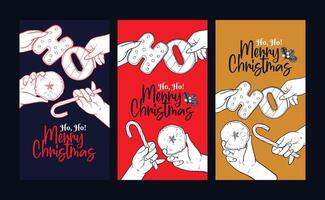 Merry Christmas playful story and reel designs. Modern Xmas design with typography, hands with candy cane, apple, gingerbread. Set of 3 story designs for social media. vector
