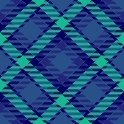 Striking diagonal plaid pattern in teal and navy. Perfect for textile design, fashion, or website backgrounds. Seamless repeat for versatile use in various projects.