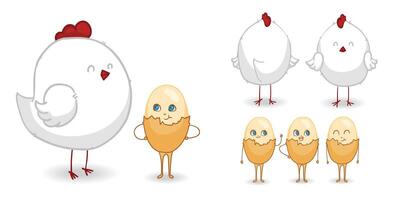 hand drawn chicken and eggs mascots, perfect for both online and print projects. Ideal for menus, banners, and social media, it adds a creative and funny touch to your graphics or branding. vector