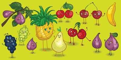 hand drawn fruits mascots, perfect for both online and print projects. Ideal for menus, banners, and social media, it adds a creative and funny touch to your graphics or branding. vector