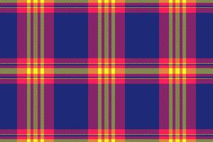 Vibrant plaid pattern in bold neon pink, yellow, and lime green on a deep blue background. Perfect for fashion, textile design, or website backgrounds. vector